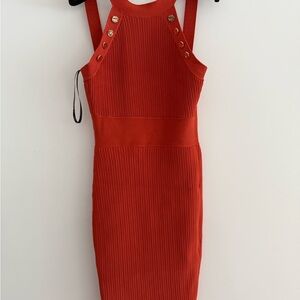 Marciano Red Ribbed Midi Dress with Gold Buttons